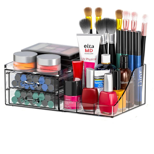 Cq acrylic Clear Makeup Organizer for Vanity2 Drawers Skincare OrganizerCute Make up Organizers for CounterSmall Makeup Holder for Skin CareHair ClipJewelryBeauty Organizers and Storage1 Pack