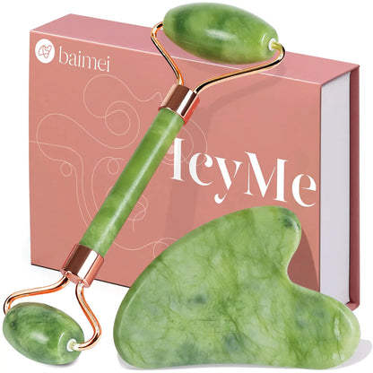 BAIMEI Gua Sha und Gesichtsroller Tool Jade Roller Gesichts- und Nackenmassagegerät Skincare Gua Sha Beruhigt und Entspannt Die Haut Skin care Geschenk für Frauen