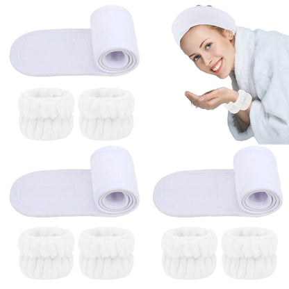 BAHABY 9 PCS Spa Facial Headbands and Wrist Bands Set Cloth Headband Adjustable Hairband Highly Absorbent Wristbands Headband for Washing Face Shower Skincare Makeup (White)