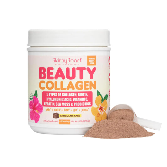 Beauty Collagen-Chocolate Cake Flavored-Ultimate Beauty Blend with 5 Types of Collagen Sea Moss Biotin Keratin Hyaluronic Acid Vitamin C Probiotics-All Natural Made in USA-45 Servings