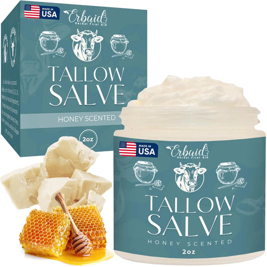 Beef Tallow Salve – All Natural Grass Fed Beef Tallow & Honey All Purpose Balm – Moisturizing Body Salve Great for Eczema Cracked Dry Itchy Irritated Skin – Skin Repair Skincare Made in USA